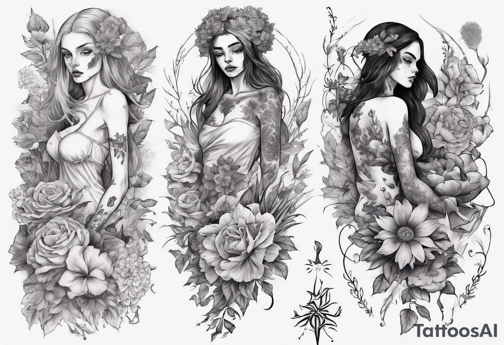 sleeve with many flowers around it and a dark elf girl tattoo idea