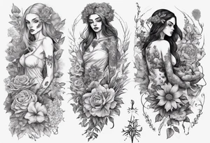 sleeve with many flowers around it and a dark elf girl tattoo idea