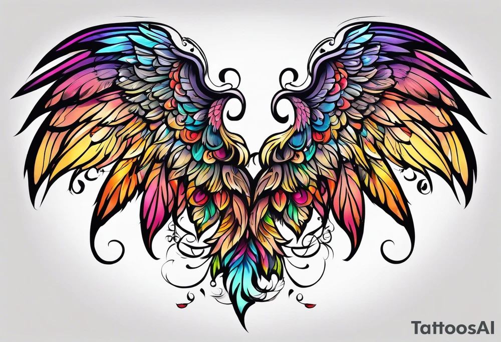 beautiful intricate colorful new school angel wings, tattoo idea