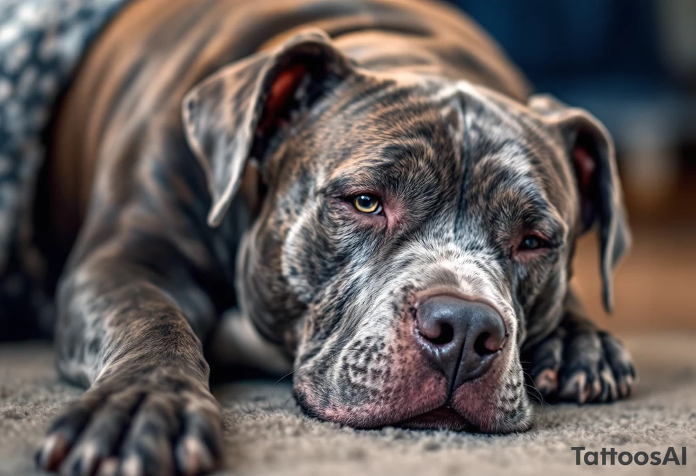 Blue-gray pitbull laying down peacefully, with detailed eyes and smooth muscle lines, in a soft realism style. tattoo idea