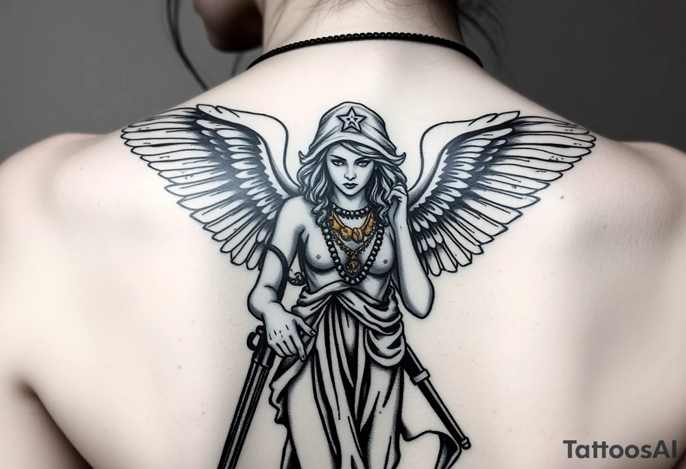 old angel statue in criminal style, tattooed and at the same time contemporary, weapons in hand, gangster-style gold necklaces tattoo idea