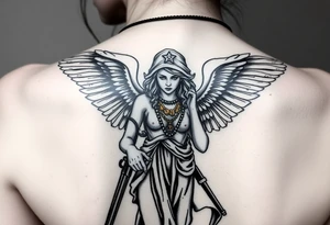 old angel statue in criminal style, tattooed and at the same time contemporary, weapons in hand, gangster-style gold necklaces tattoo idea