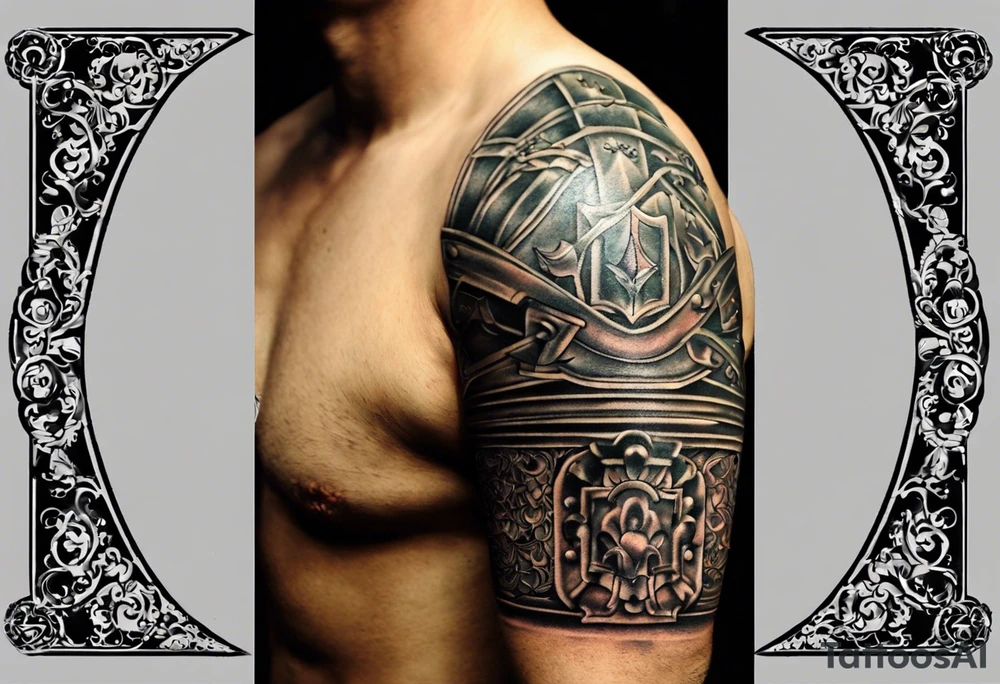 half sleeve tattoo. from a distance looks like a pauldron but closer the pieces of armor are from parts of my life. family, and interests. Father of 3 boys (1 passed), husband, martial arts for 3 decades. 1 1st degree and 1 2nd degree black belt.  Lets start there. tattoo idea