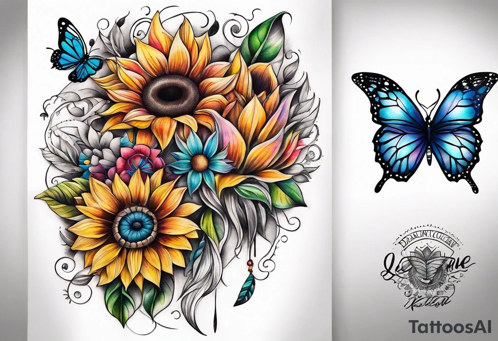 Quarter Leg sleeve with dreamcatcher, rainbow sunflowers and one butterfly tattoo idea