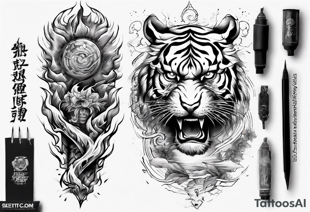 Tiger Warrior sleeve tattoo with lightning and the sun
Forearm sleeve tattoo idea