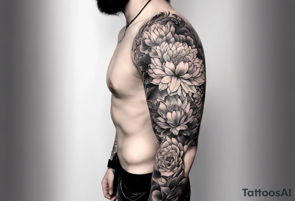 Sleeve tattoo, field of flowers with something cultural and majestic tattoo idea