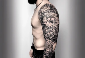 Sleeve tattoo, field of flowers with something cultural and majestic tattoo idea