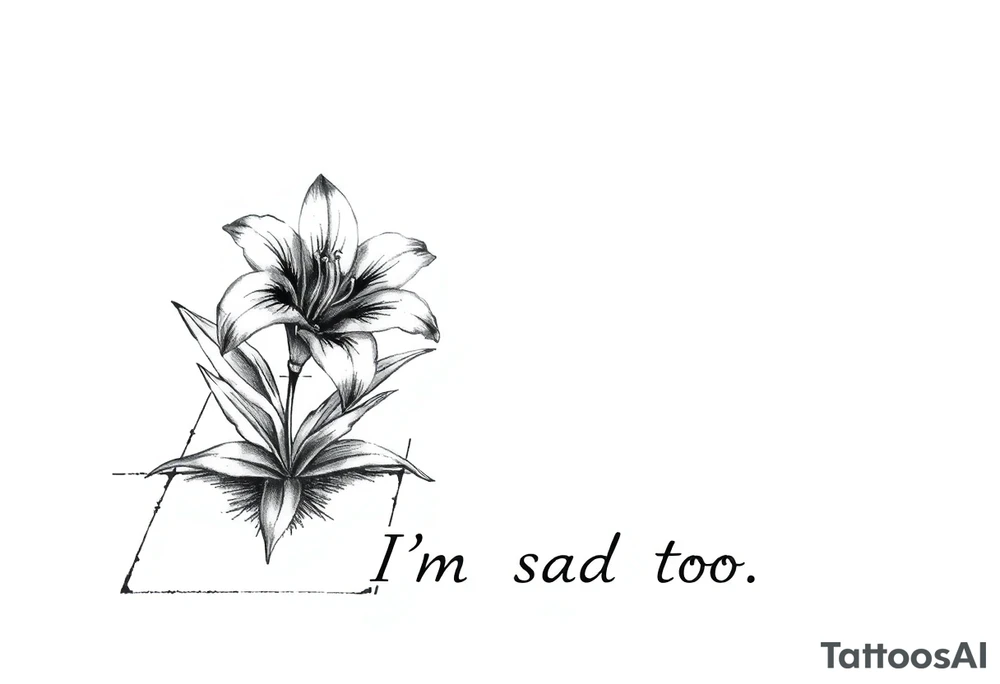 Lily growing out of tile floor with the words I’m sad too written small in the grout between two tiles tattoo idea