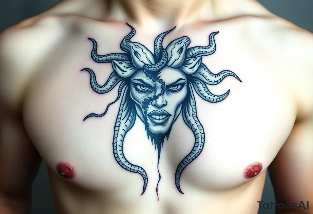 Medusa en fragmentos / Mirada mortal
Una Medusa moderna, no con rostro de horror, sino con una expresión de poder y resignación.

Su cabeza hecha de serpientes negras en movimiento (podrían extenderse hacia el hombro).

Parte del rostro desintegrándose como piedra. tattoo idea