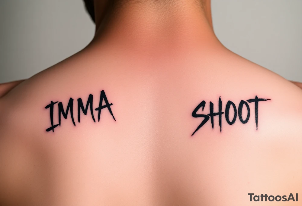 the word ‘IMMA’ and the word ‘SHOOT’ under each collar bone in a font that looks like spray paint tattoo idea