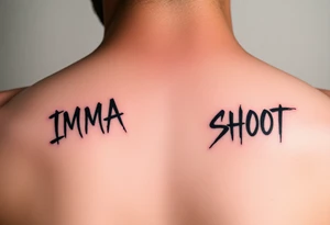 the word ‘IMMA’ and the word ‘SHOOT’ under each collar bone in a font that looks like spray paint tattoo idea