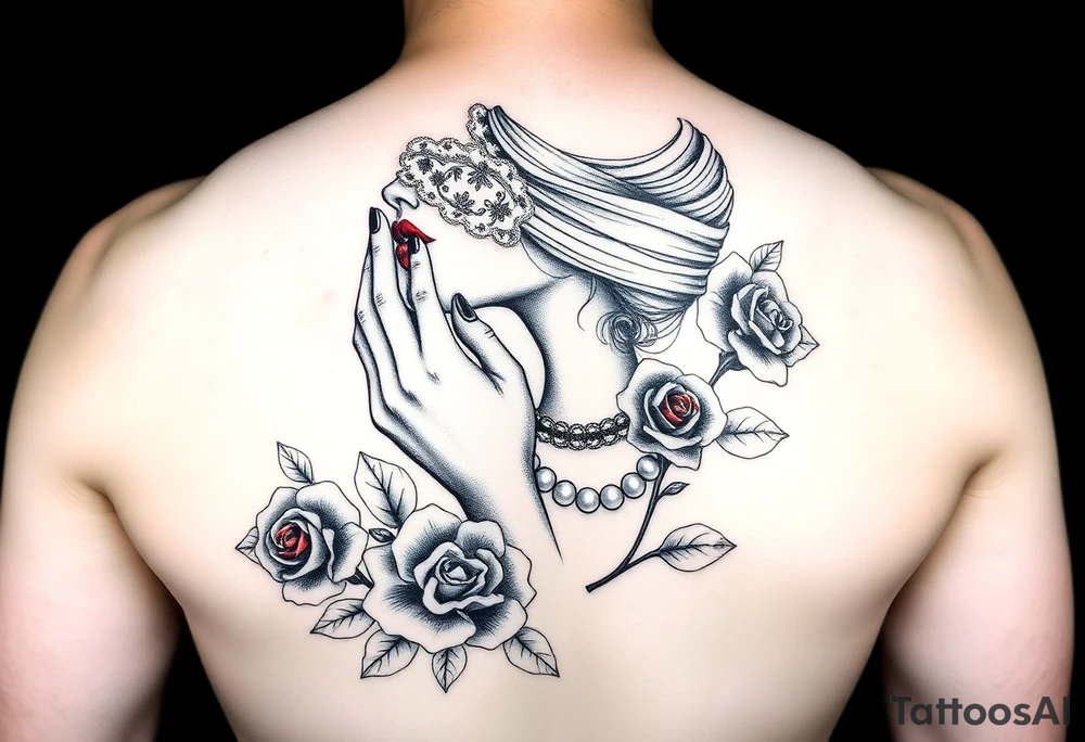 Black and white profile of woman with chin pressed on hand, hate with lace covering her eyes, pearl necklace in her mouth with red lips flowers around her with one red rose standing out thigh tattoo tattoo idea