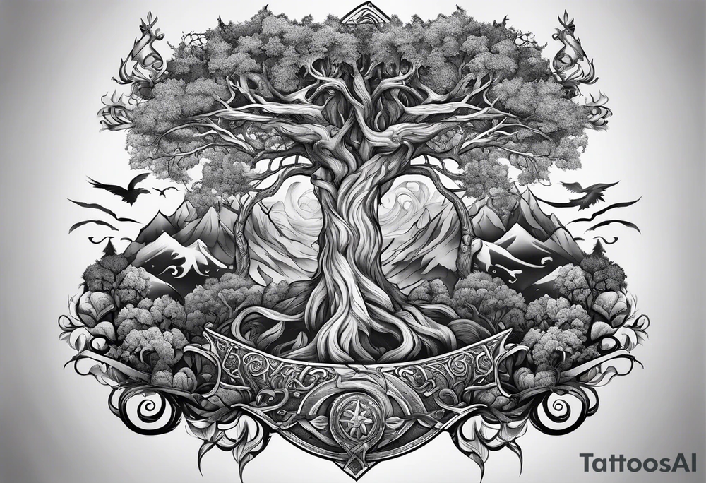 yggdrasil merging into a viking battle scene tattoo idea