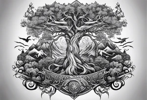 yggdrasil merging into a viking battle scene tattoo idea