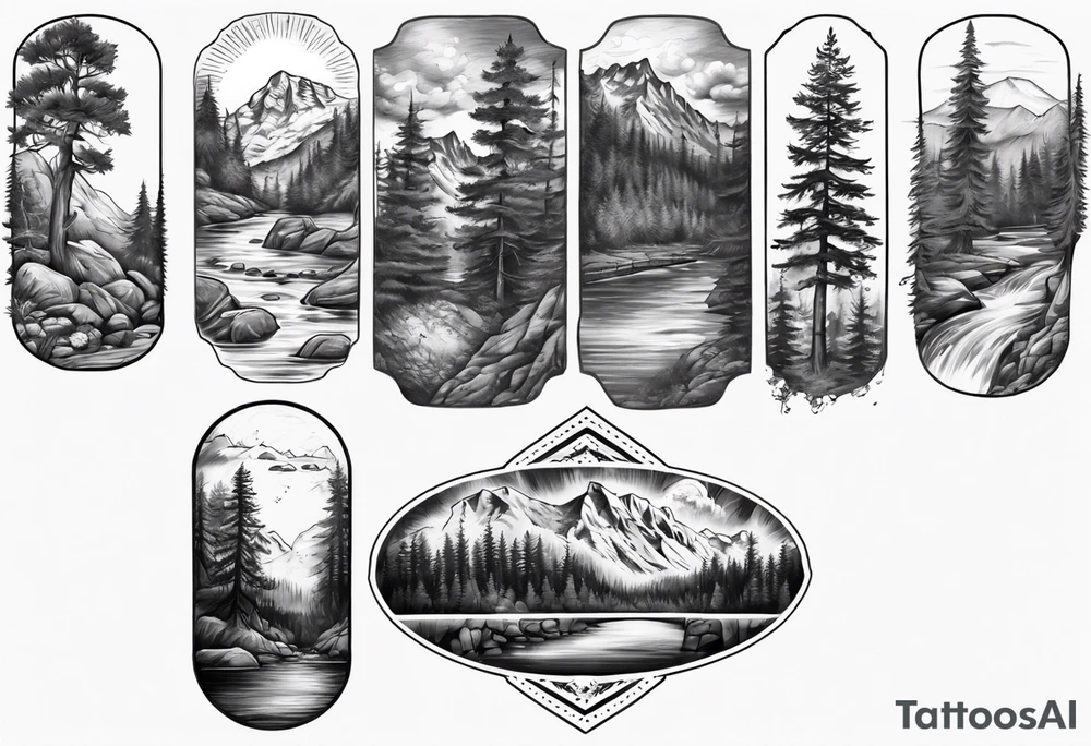 half arm sleeve with Pennsylvania keystone, eastern hemlock tree, mountains, and a river tattoo idea