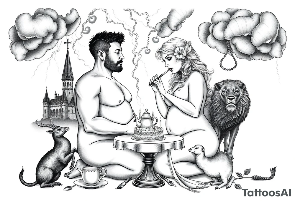 Naked Man and woman having sex Storm lightening clouds gothic sexy naked fat lady having a tea party with tea pot and medieval castle
with a pig, peacock, noose, lion, goat, smoking cigerettes looking in the mirror eating a cake thru storm clouds with razor blades and broken hearts and darkness and wrath, envy , gluttony, greed, sloth, pride kill tattoo idea