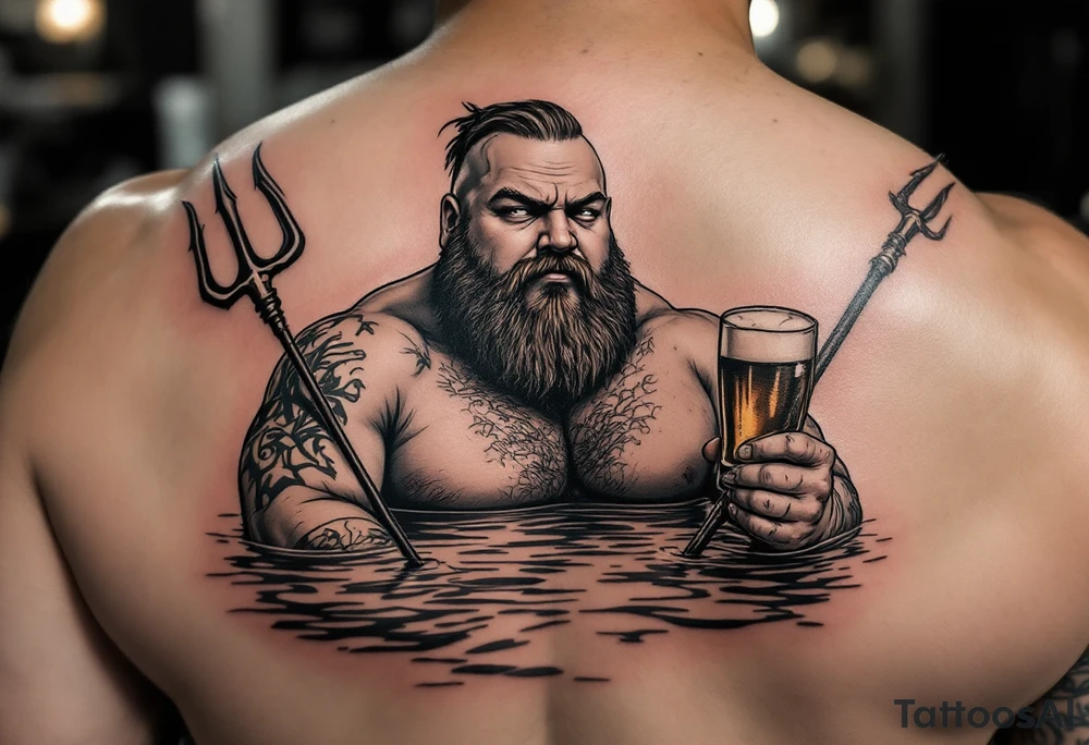 Gay fat guy, without beard, with trident, half way in calm water, with a beer tattoo idea