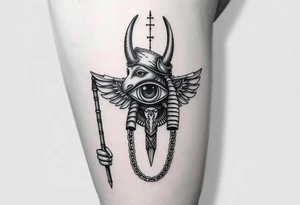 "Anubis as gold chains, Crip bandana. His staff is a satellite antenna. Floating Eye of Horus is a blockchain audit log.  

Style: Hyper-detailed blackwork. Thigh/calf placement." tattoo idea