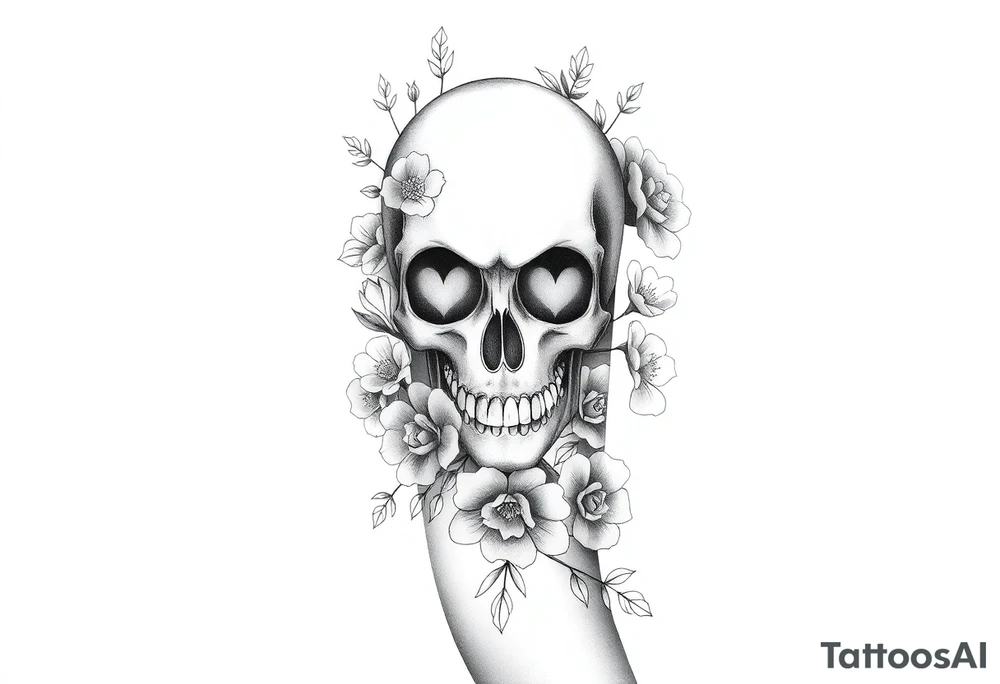 A half sleeve with Gothic pretty skull with heart shaped eyes surrounded by wildflowers and roses tattoo idea