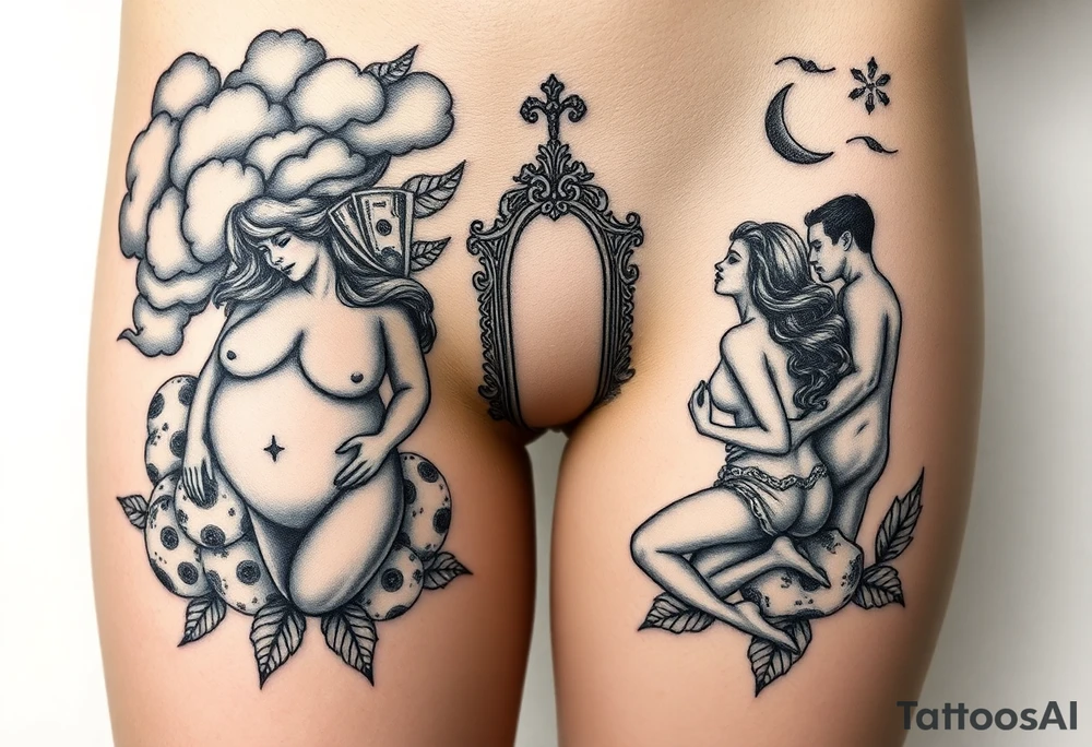 Storm clouds with a fat naked woman and drugs and money and mirror and sexy naked couple lustful with tattoo idea