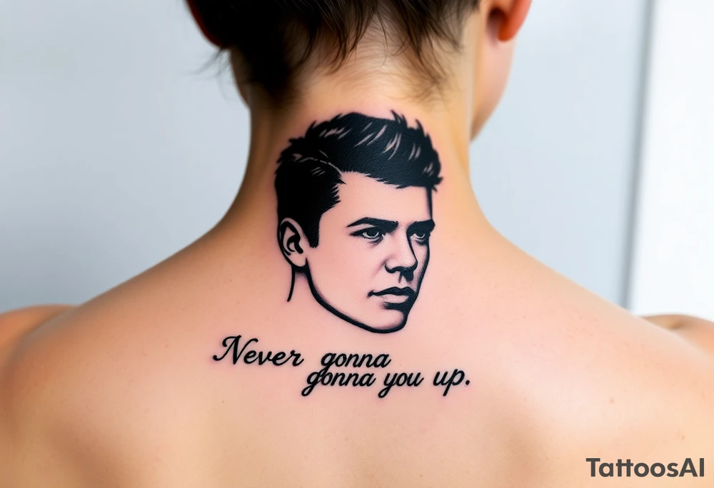 Rick Astley's Face outline with text "Never Gonna Give You Up" tattoo idea