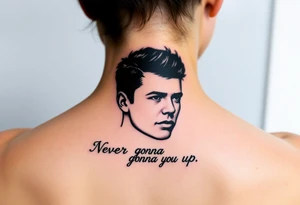 Rick Astley's Face outline with text "Never Gonna Give You Up" tattoo idea