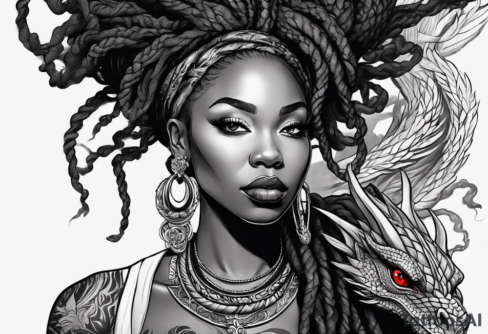 Black woman with locs and red dragon tattoo idea