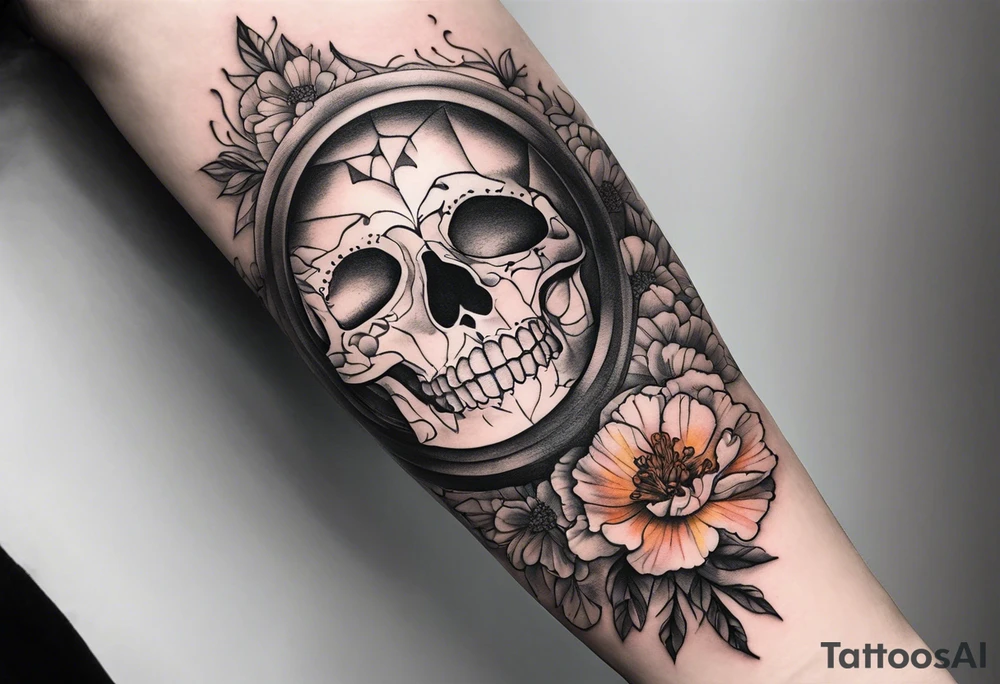 Left forearm tattoo of sunset and carnations on the outside of the forearm and on the inside there will be marigolds and a small skull tattoo idea