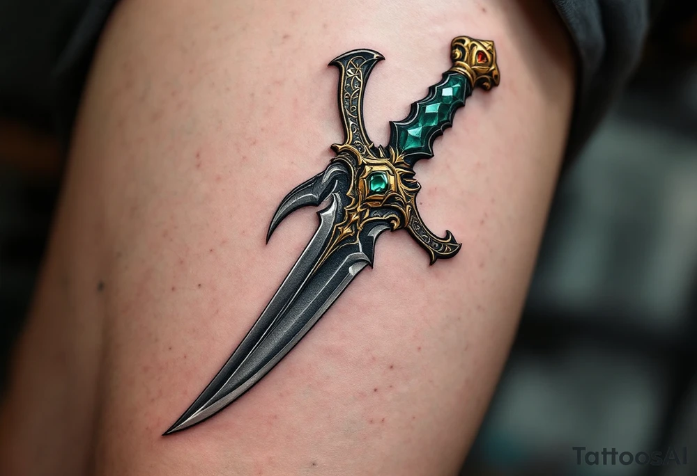 Vintage Ornate Dagger – A detailed dagger with intricate patterns along the blade and hilt, featuring golden accents and a deep emerald green gem in the pommel. The blade is shaded in dark steel gray with subtle silver highlights tattoo idea