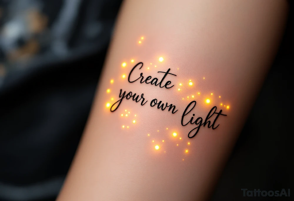 "Create Your Own Light" in delicate serif font, charcoal black with subtle glowing halo effect in warm yellow tones. tattoo idea