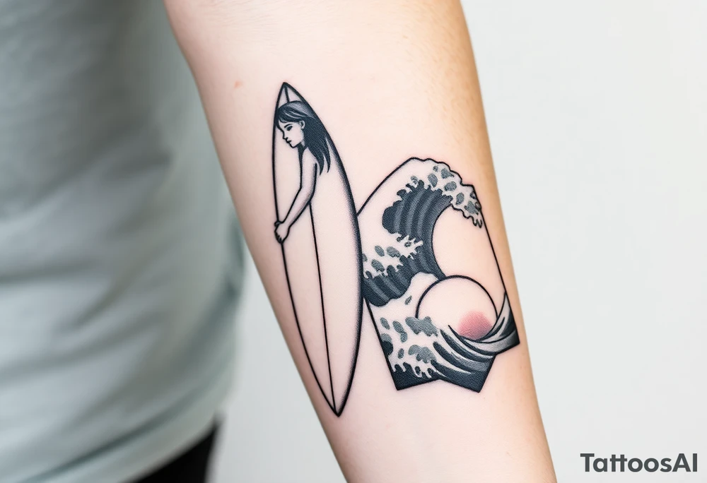 New school geometrical concept tattoo with the girl holding surfboard in a vertical position her face is turned 60 degrees to out side, the bottom part of a body is showed, on the right side of a tattoo is the realistic wave closed in a frame. And the bottom of a taro is a palenesiab sun. Link the objects based on new school geometry tattoos. tattoo idea