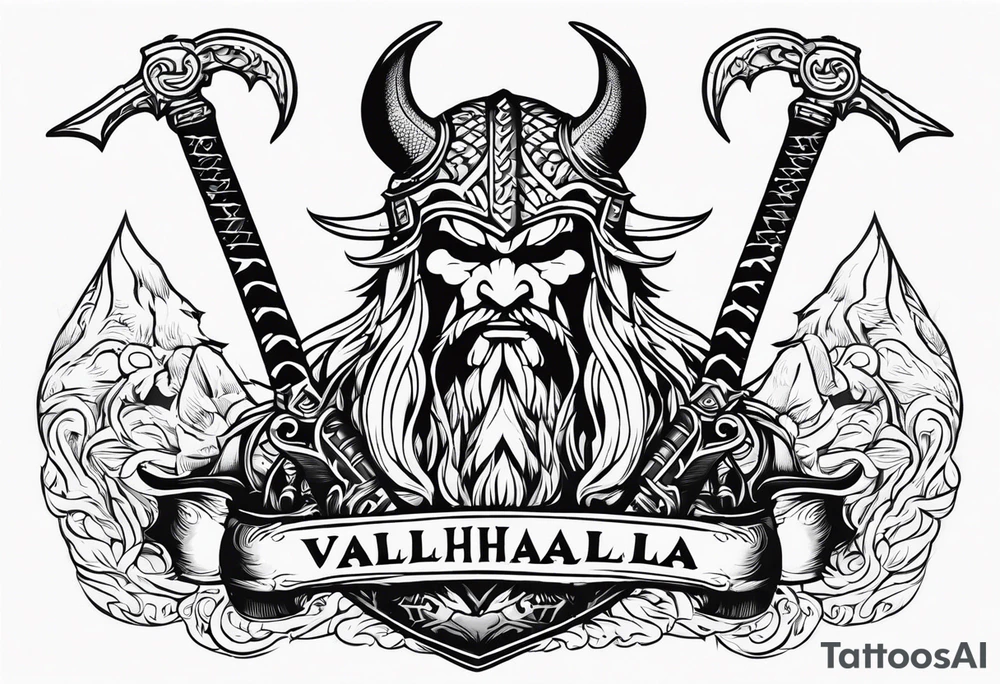 Valhalla sword dragon head axe viking church tattoo idea