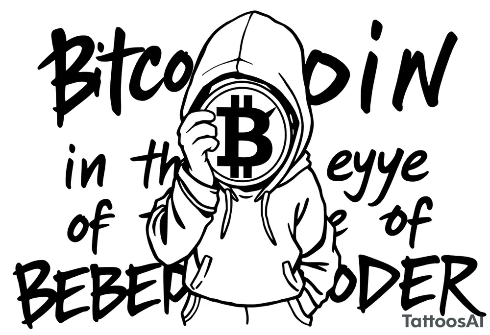Create a custom tattoo stencil Use a street-art / pop-art vibe with a cartoon figure holding a bitcoin to cover his eyes have bold lines, “x” for eyes. make them have on a hoodie and jogger sweatpants have in the background in graffiti letters “bitcoin is in the eye of the beholder” tattoo idea