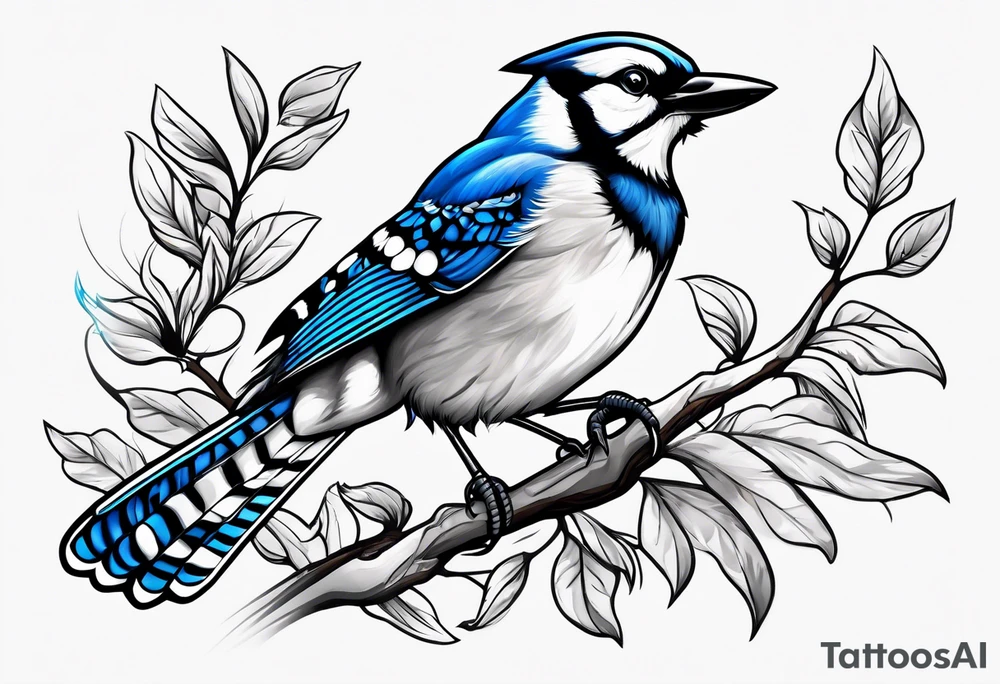 Strong blue jay bird in flight head down tattoo idea