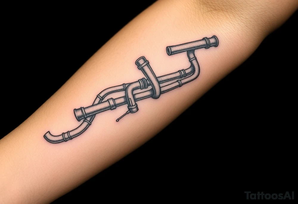 Top pipe starts closer to the elbow, long System of pipes that transitions and transforms into veins of forearm tattoo idea