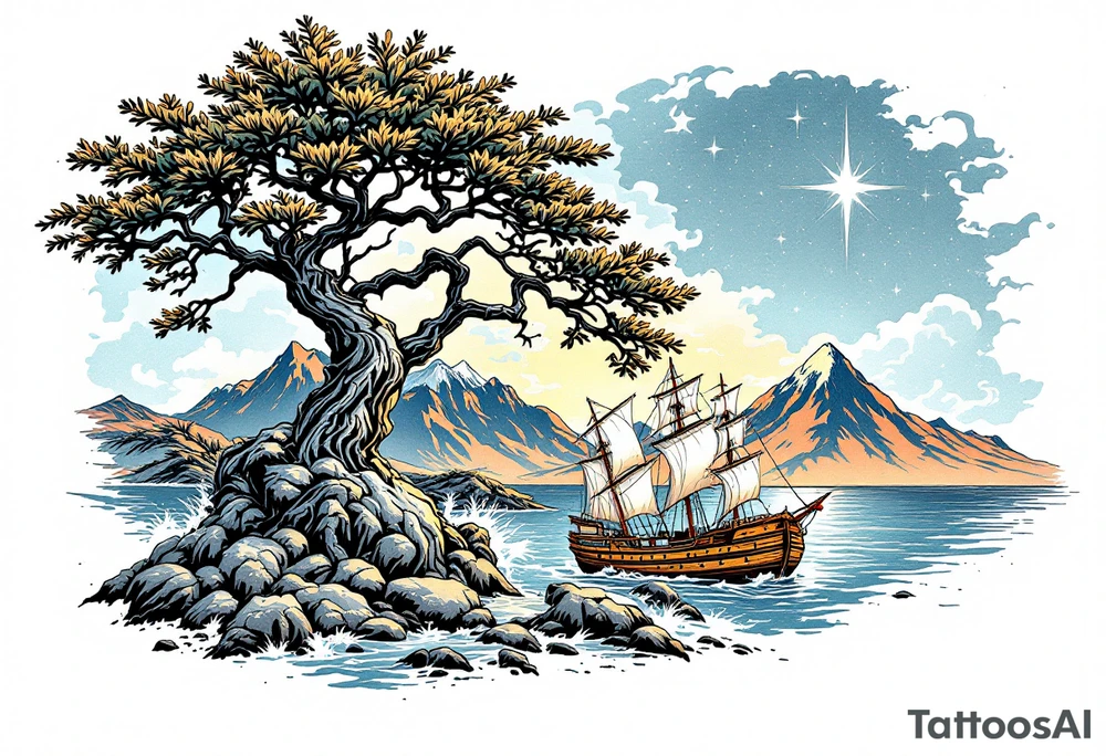 tattoo that has an acacia tree with mountains, ocean with a ship wreck and the northern star tattoo idea