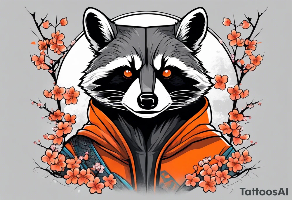Raccoon wearing a white Superman logo on a black hoodie and orange Japanese cherry blossoms tattoo idea