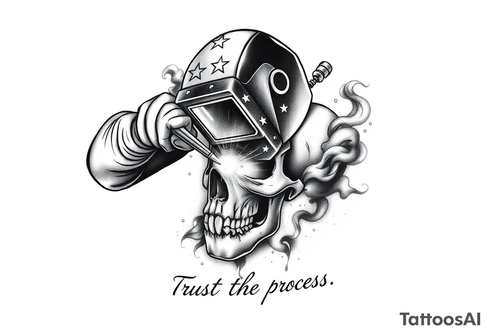Create a tattoo, in black and white, of a welder, wearing a welder's helmet with stars on it. from only the arms up, welding on a skull Include sparks, and subtle smoke throughout the background as well as the quote, trust the process, at the bottom where the arm meets the wrist. This needs to be sized for a forearm, tattoo idea
