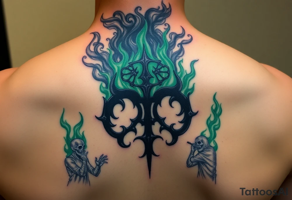 A Dark Mark engulfed in eerie green flames, with shadowy figures whispering from the smoke tattoo idea