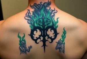 A Dark Mark engulfed in eerie green flames, with shadowy figures whispering from the smoke tattoo idea