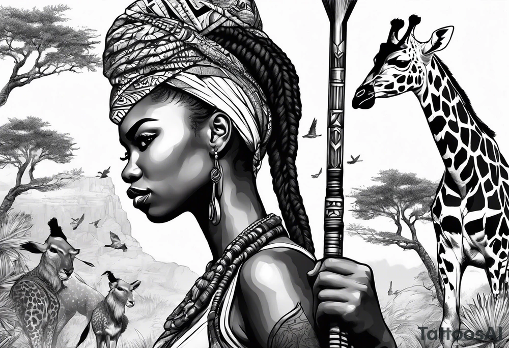 African woman warrior holding a spear with birds in the background and giraffe tattoo idea