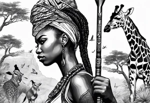 African woman warrior holding a spear with birds in the background and giraffe tattoo idea