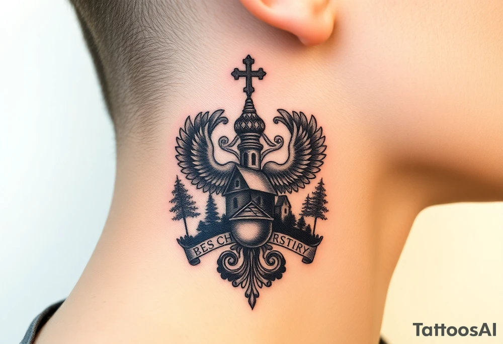 Traditional authentic Russian coat of arms with a Christian orthodox virgin marry in the middle and silhouette in a Russian wilderness Christian orthodoxy dome church village setting on the side of my neck tattoo idea