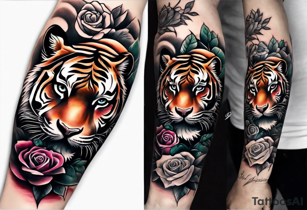 tiger forearm with rose tattoo on hand tattoo idea