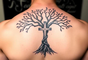 tree of life with the cross inside and some of the branches wrapping around it tattoo idea