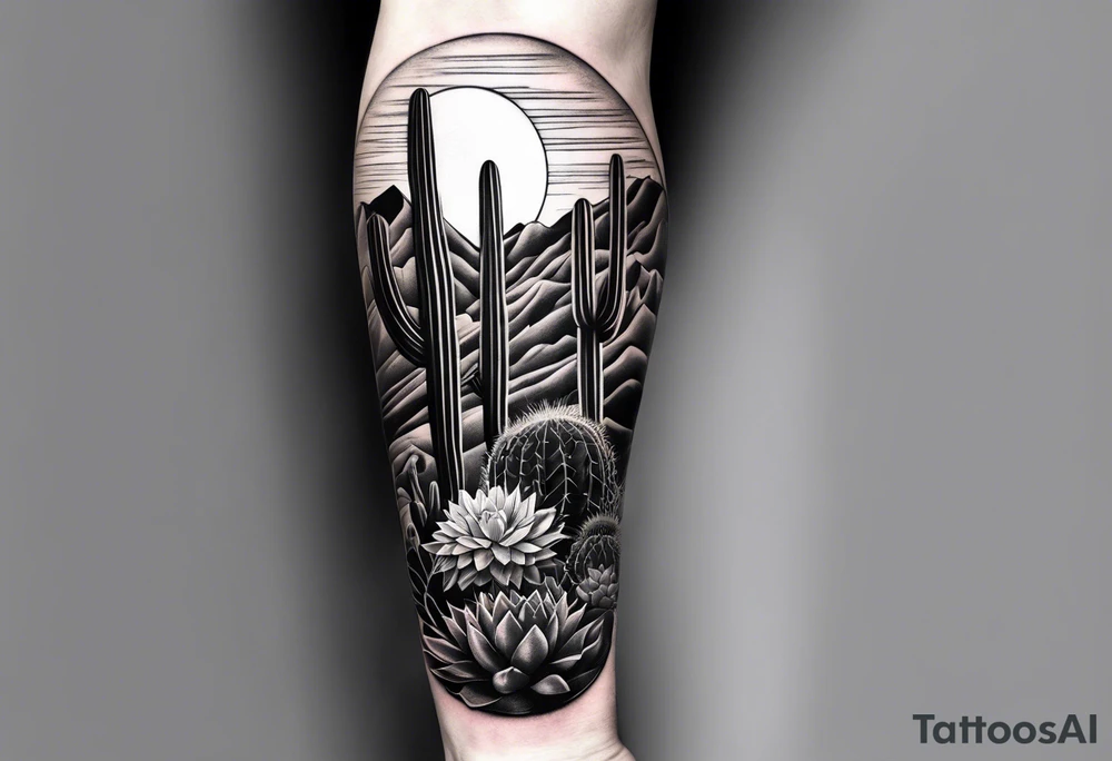 Forearm vertical, cactus, mountain, male hiker tattoo idea