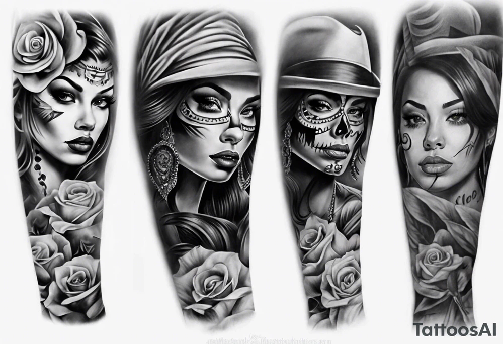 Chicano style photorealism arm sleeve tattoo idea