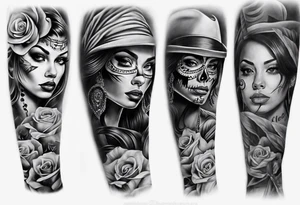 Chicano style photorealism arm sleeve tattoo idea