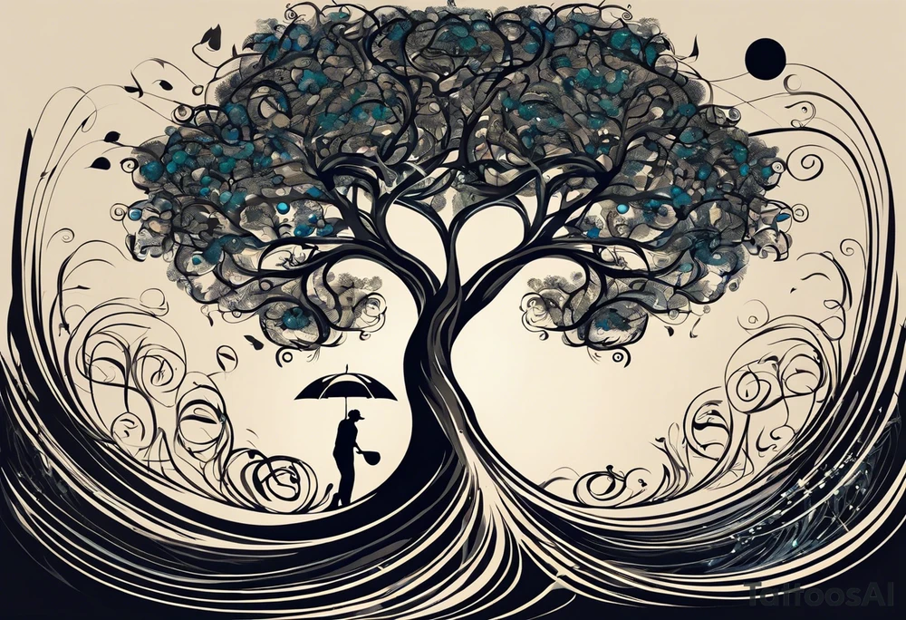 A tattoo design that incorporates the following elements: an abstract tree of life that has roots emerging  from the ground. Waves of water encapsulate the tree and wind around it in an organic way.  Incorporate music.   the letters U and A are overlapping and engraved into the tree. The game of golf incorporated but not prominent. tattoo idea
