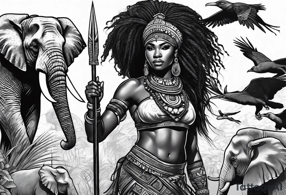 African woman warrior holding a spear with birds and elephants in the background tattoo idea
